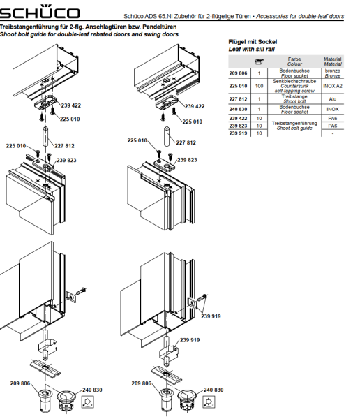 Schüco Treibstangenführung für 2-flg. Anschlagtüren bzw. Pendeltüren, 209 806, 227 812, 240 830, 239 823, 219 919, ADS 65.NI Zubehör