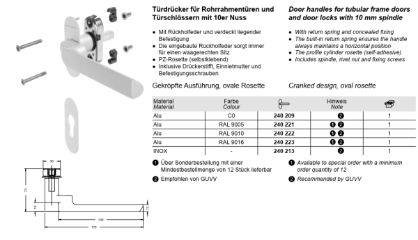 Schüco Türdrücker INOX, gekröpfte Ausführung, ovale-Rosette, für Rohrrahmentüren, 240 213, Türschlössern mit 10er Nuss