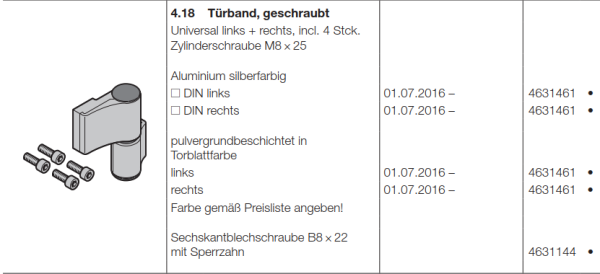 Hörmann Türband geschraubt Universal links + rechts, für Doppelgaragen-Schwingtor N 500, 4631461