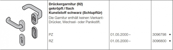 Hörmann Drückergarnitur 92 gekröpft-flach Kunststoff schwarz Baureihe 30-40-50-60, 309680