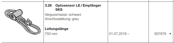 Hörmann Optosensor LE / Empfänger SKS Vergussmasse schwarz Anschlussleitung grau Leitungslänge 750 mm, 637878