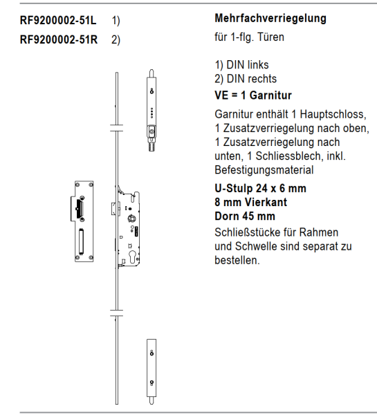 rp fineline 70D, Mehrfachverriegelung f70, für 1-flg. Türen, DIN rechts, Artikel Nummer, RF9200002-51R