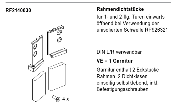 rp fineline 70D, Rahmendichtstücke, für 1- und 2-flg. Türen einwärts, Artikel Nummer, RF2140030, 30058529