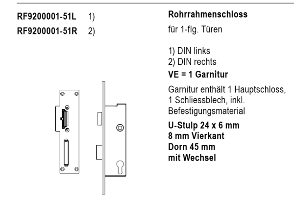 rp fineline 70D, Rohrrahmenschloss, Fallen-Riegel-Schloss f70, für 1-flg. Türen, DIN links, Artikel Nummer, RF9200001-51L