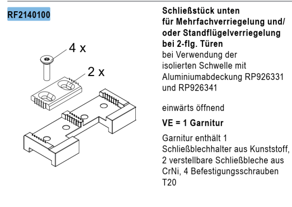 rp fineline 70D, Schließstück unten für Mehrfachverriegelung bei 2-flg.Türen, DIN einwärts öffnend, Artikel Nummer, RF2140100, 30058546