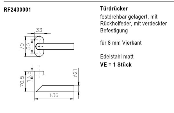 rp fineline 70D, Türdrücker, Edelstahl matt, für 8 mm Vierkant, Artikel Nummer, RF2430001, 30058554