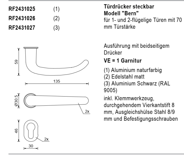 rp fineline 70D, Türdrücker steckbar Modell Bern, mit 70 mm Türstärke, Aluminium Schwarz (RAL  9005), Artikel Nummer RF2431027, 30058566