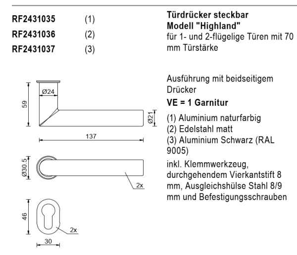 rp fineline 70D, Türdrücker steckbar Modell Highland, mit 70 mm Türstärke, Aluminium naturfarbig, Artikel Nummer RF2431035, 30058571
