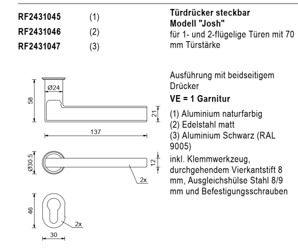 rp fineline 70D, Türdrücker steckbar Modell Josh, mit 70 mm Türstärke, Aluminium naturfarbig, Artikel Nummer RF2431045, 30058578