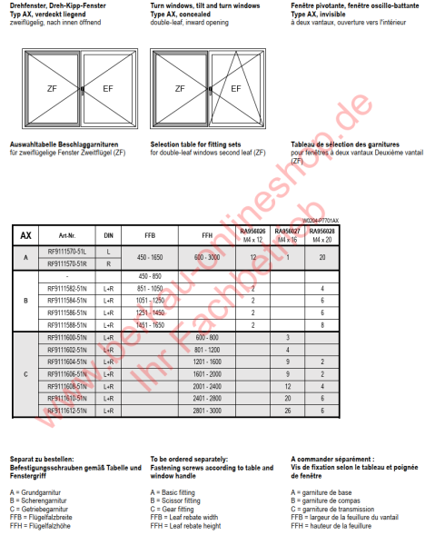 Jansen Grundgarnitur, Drehfenster, Dreh-Kipp-Fenster Typ AX, für zweiflügelige Fenster Erstflügel (EF), Artikel Nr.RF9111570-51R, 30064549, rechts