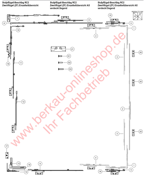 rp fineline 70W Fenster, Stulpflügel-Beschlag RC2  Zweitflügel (ZF) Einzelteilübersicht