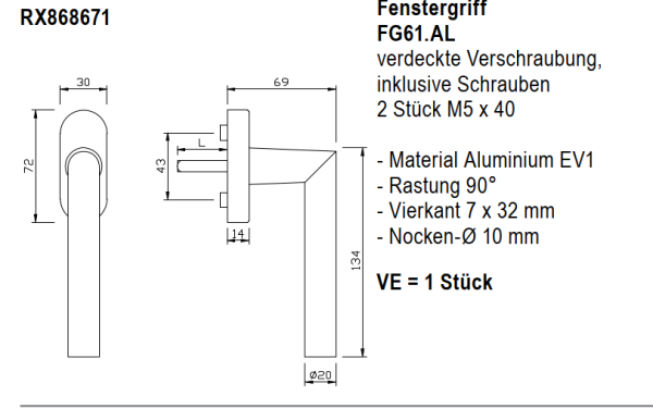 rp fineline 70W, Fenstergriff FG61.AL verdeckte Verschraubung, Artikel Nummer RX868671