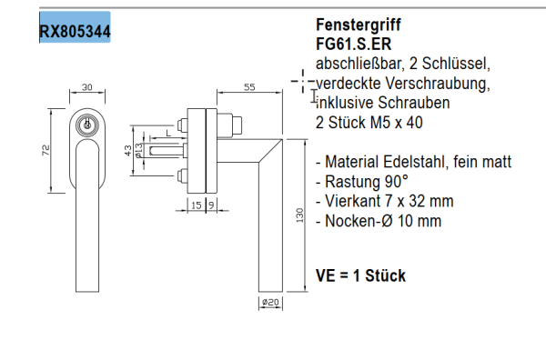 rp fineline 70W, Fenstergriff FG61.S.ER abschließbar, verdeckte Verschraubung, Artikel Nummer RX805344