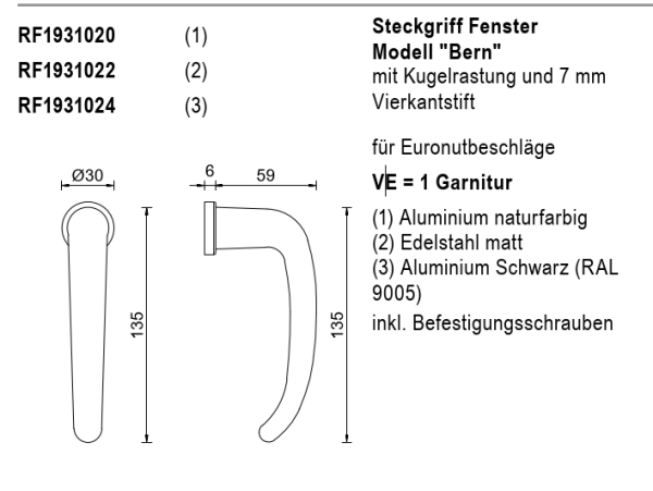 rp fineline 70W, Steckgriff Fenster Modell "Bern", für Euronutbeschläge, Aluminium naturfarbig, Artikel Nummer RF1931020