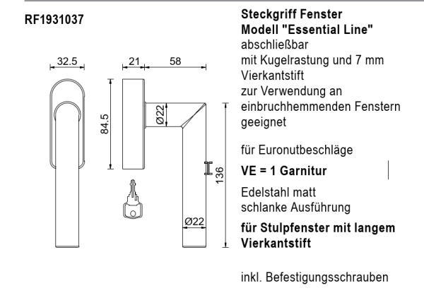 rp fineline 70W, Steckgriff Fenster Modell "Essential Line", abschließbar, Edelstahl matt, für Euronutbeschläge, Artikel Nummer RF1931037