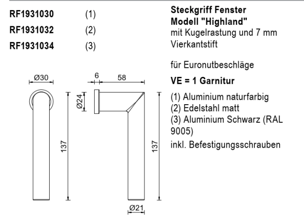 rp fineline 70W, Steckgriff Fenster Modell "Highland", für Euronutbeschläge, Edelstahl matt, Artikel Nummer RF1931032