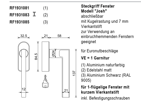 rp fineline 70W, Steckgriff Fenster Modell "Josh", abschließbar, für Euronutbeschläge, Aluminium naturfarbig, Artikel Nummer RF1931081