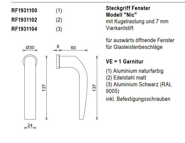 rp fineline 70W, Steckgriff Fenster Modell "Nic", für Euronutbeschläge, Aluminium schwarz RAL 9005, Artikel Nummer RF1931104