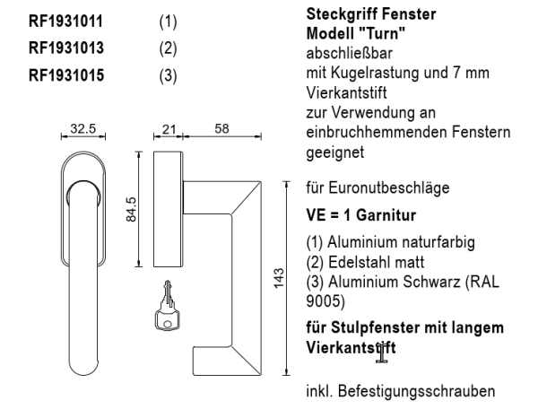 rp fineline 70W, Steckgriff Fenster Modell "Turn" abschließbar, für Euronutbeschläge, Aluminium Schwarz RAL 9005 Artikel Nummer RF1931015